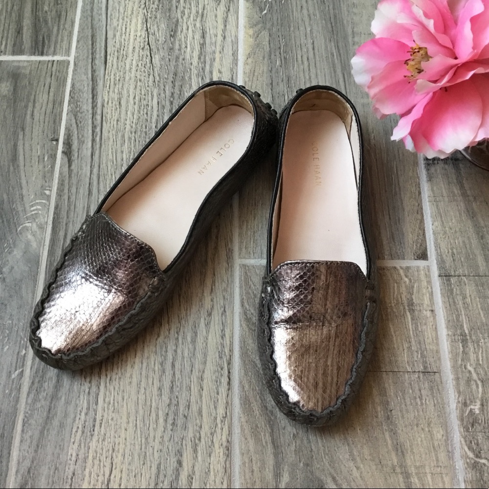 COLE HAAN Silver Snakeskin Flat Loafers